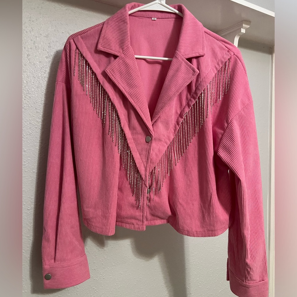 SiLing Women's Corduroy Cropped Jacket Sparkly Rhinestone Fringe Concert Sparkle